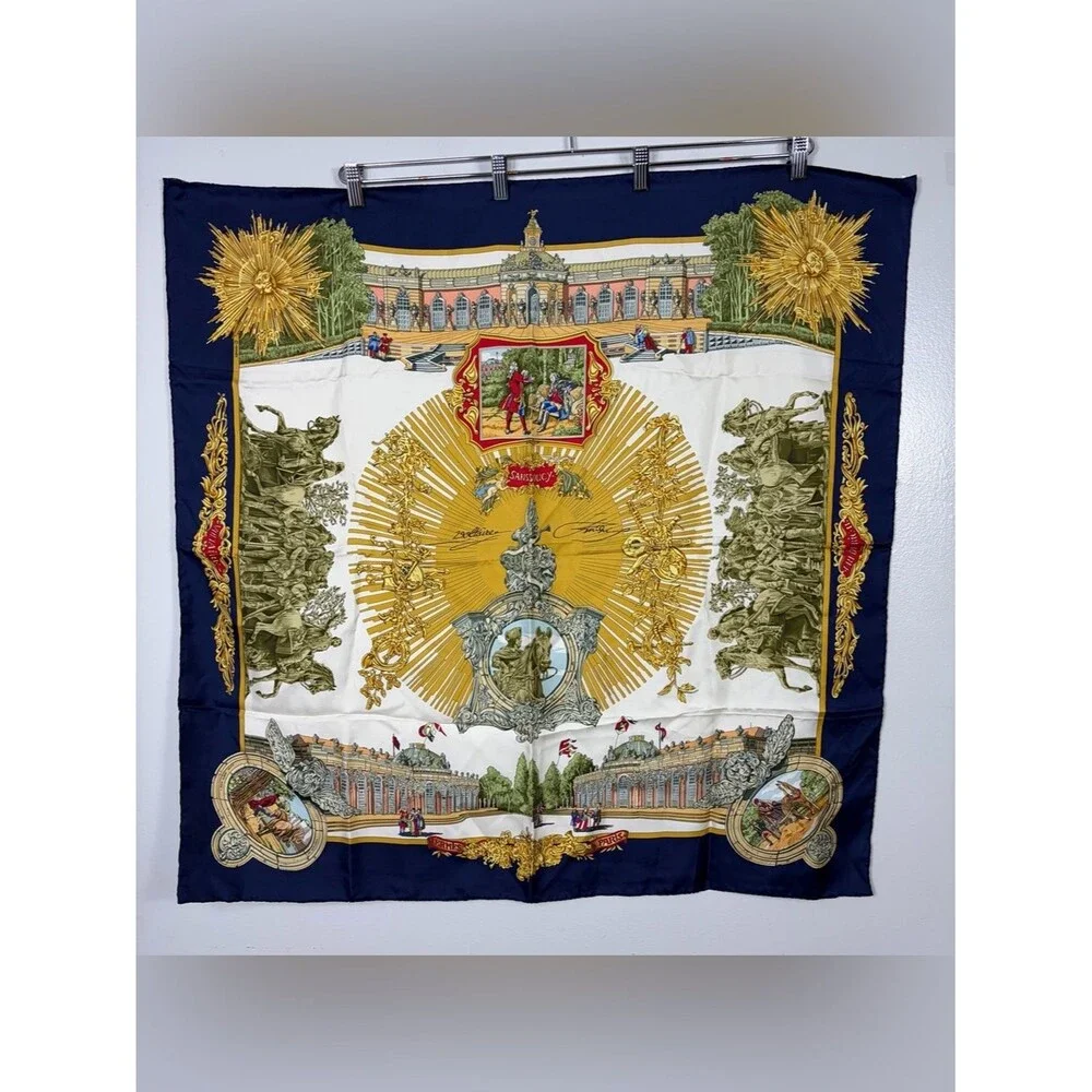Vintage Herme’s Silk Scarf Palace Scene in Navy, Gold, Cream 34x34